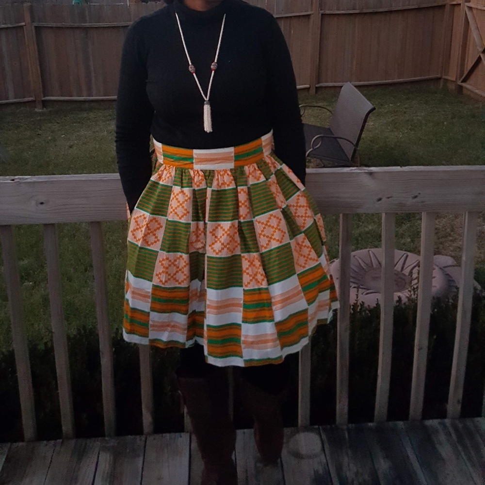 New African Kente Print Women Wine Red/Green Skirt